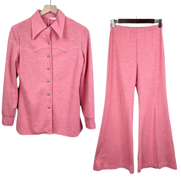 Vintage 70’s 2 Piece Matching Knit Button Down Flare Pant Set Pink Small